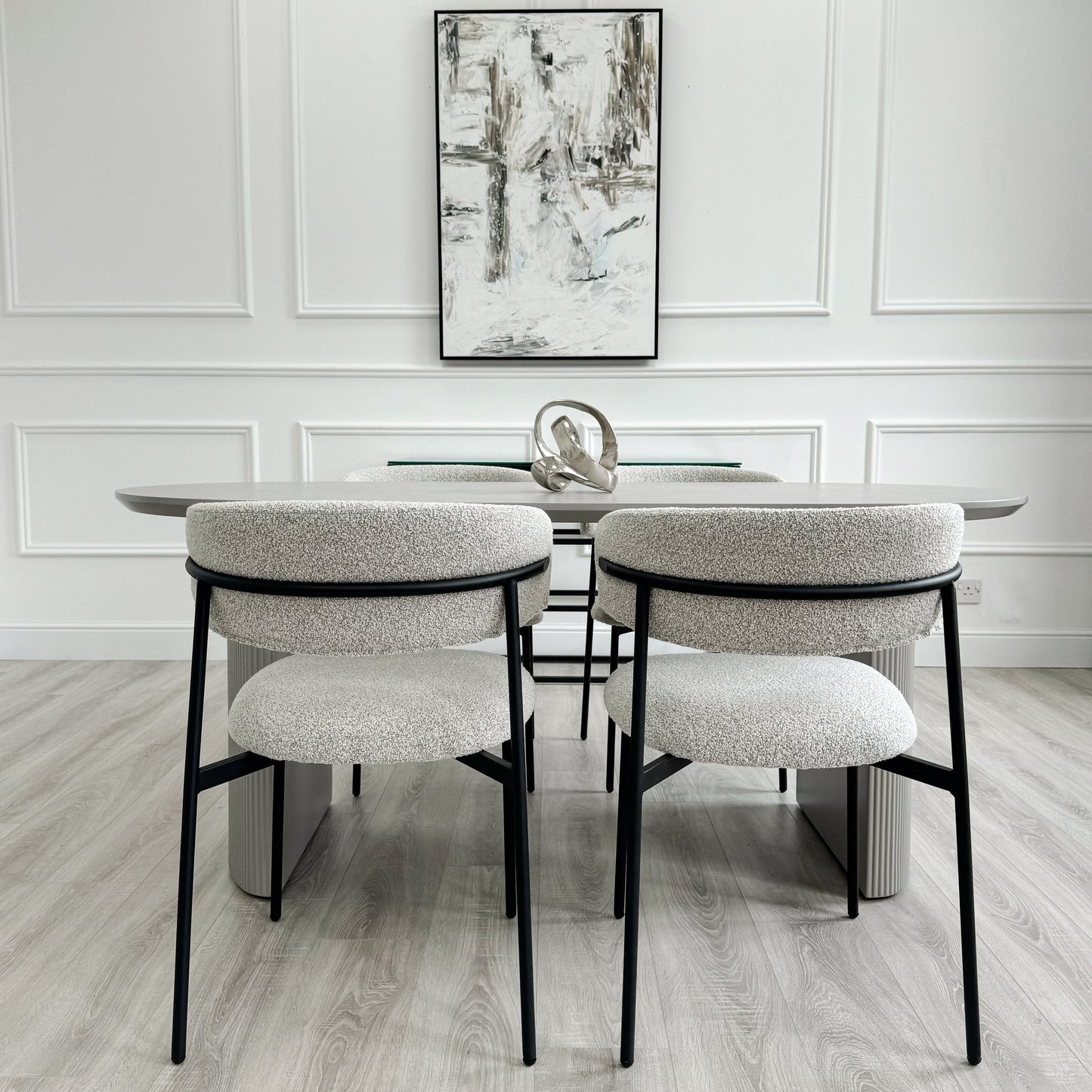 Light Grey Ribbed Wooden Dining Table with Light Grey Slimline Boucle Chairs