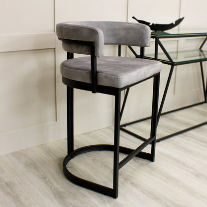 Curved Grey Velvet and Black Frame Counter Stool