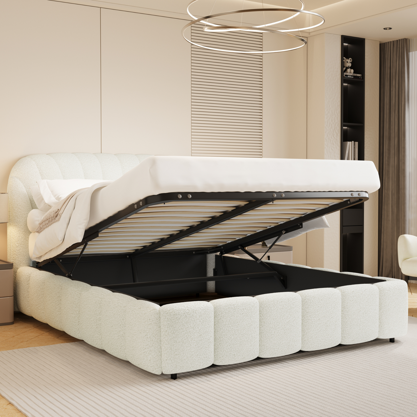 Aurora Curved White Boucle Ottoman Storage Bed