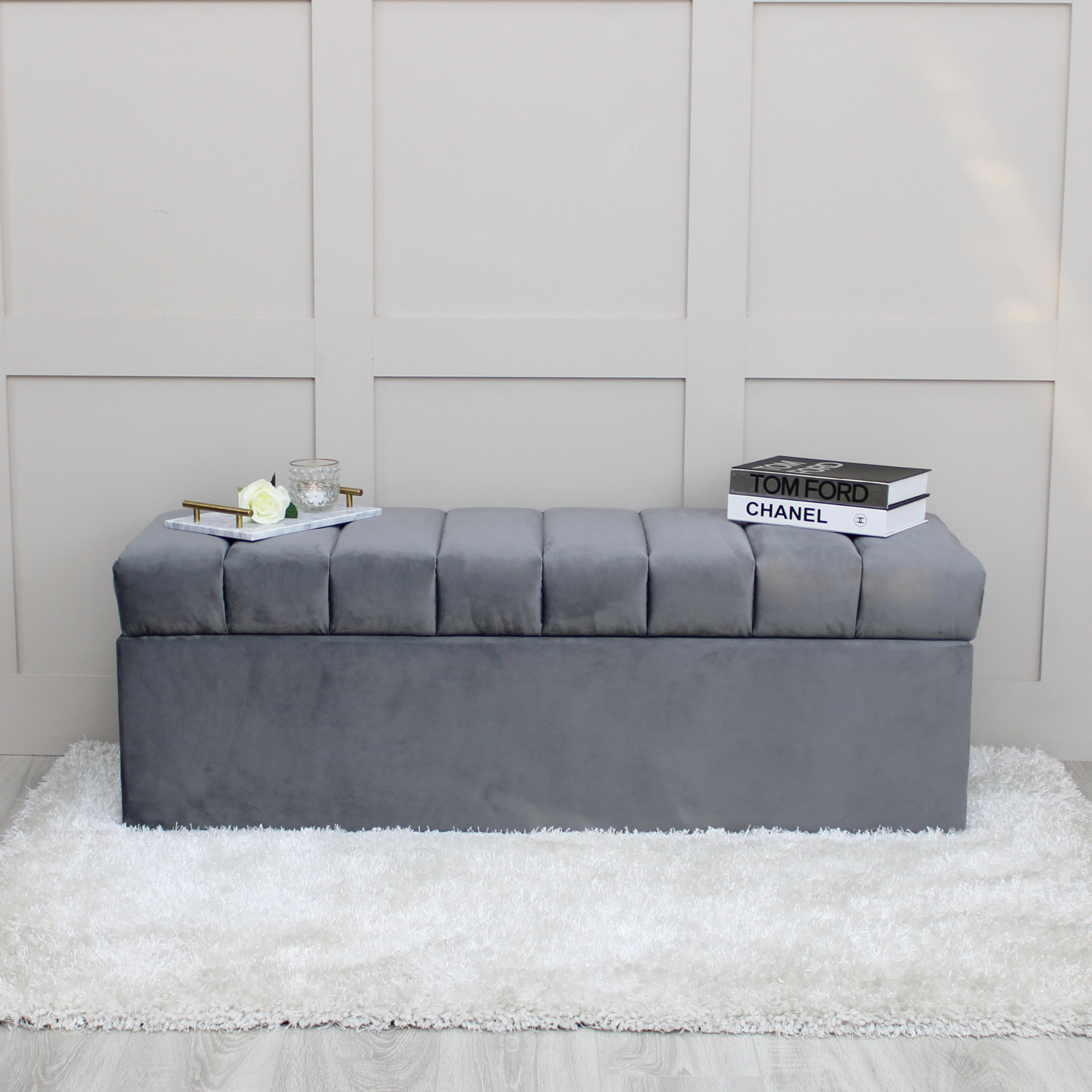 Leo Grey Velvet Ottoman Storage Bench