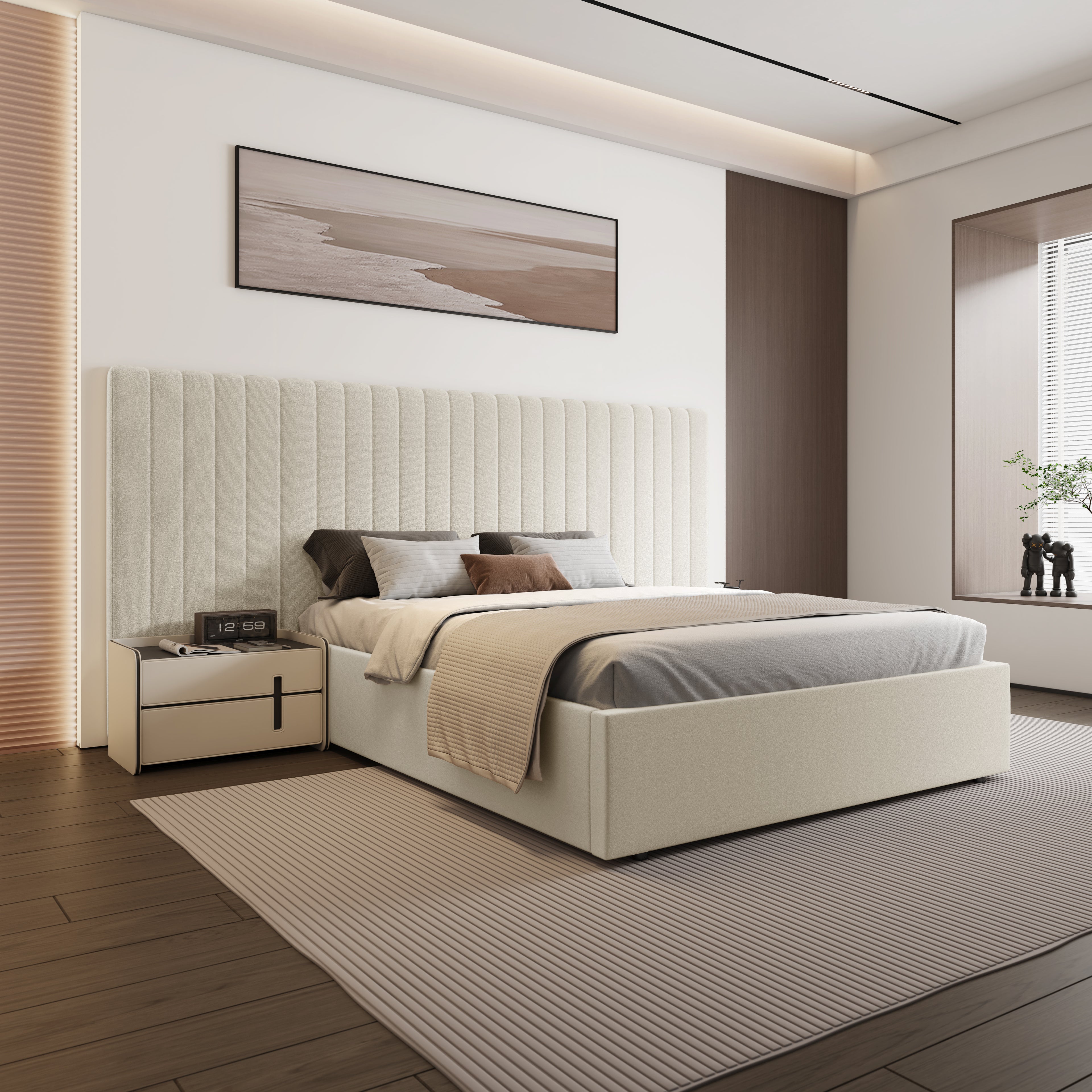 Inaya Cream Velvet Wide Panel Fabric Headboard Ottoman Storage Bed King Size