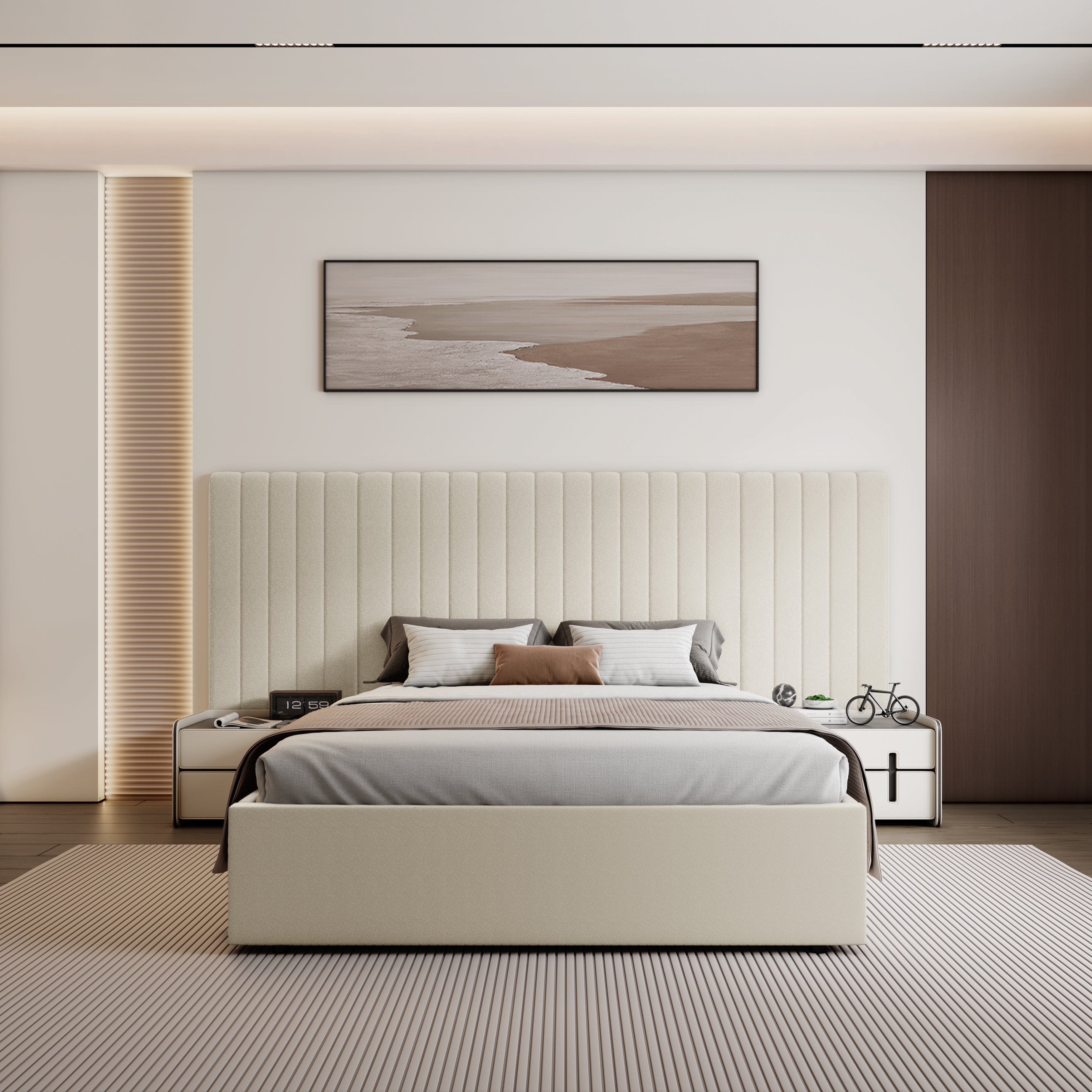 Inaya Cream Velvet Wide Panel Fabric Headboard Ottoman Storage Bed King Size