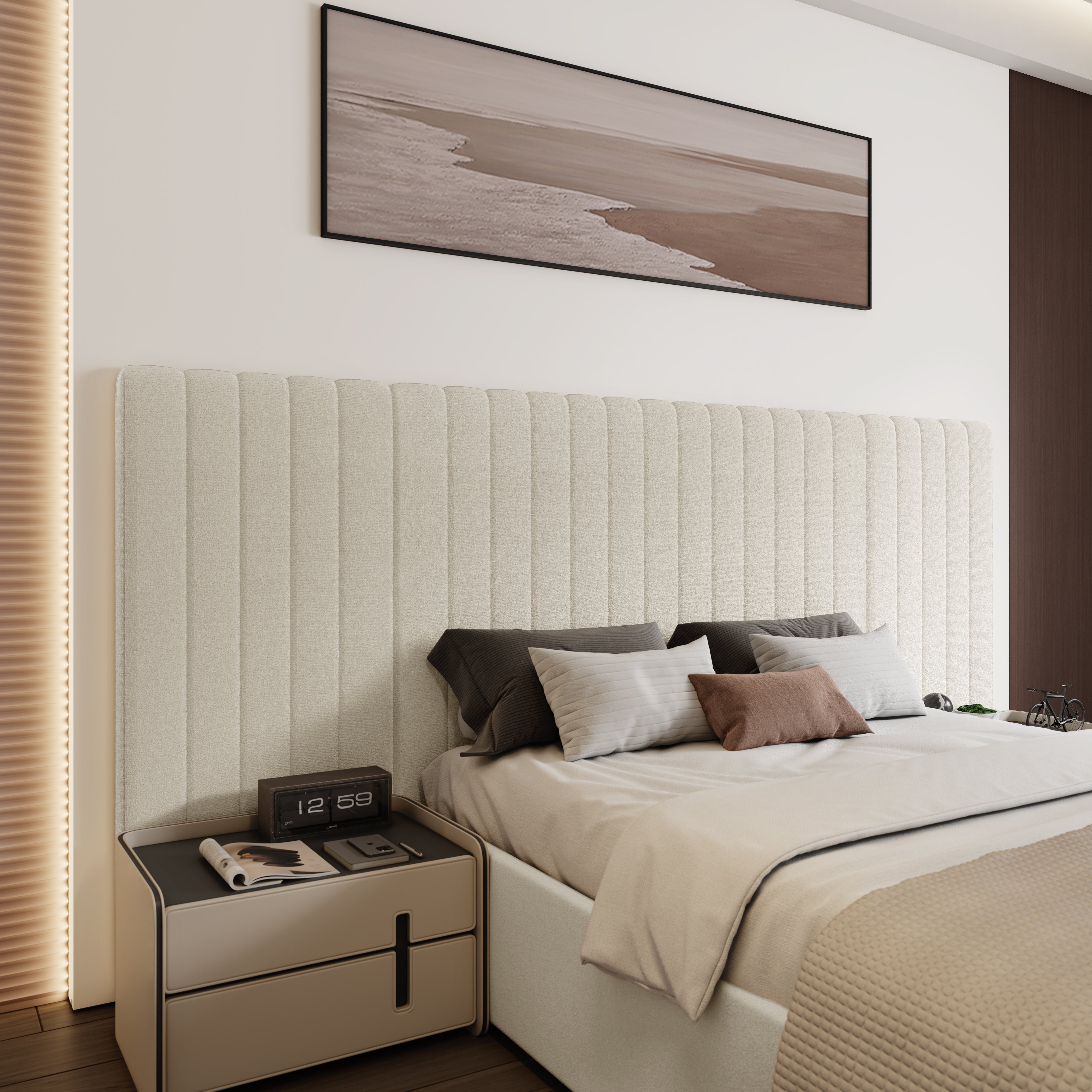 Inaya Cream Velvet Wide Panel Fabric Headboard Ottoman Storage Bed King Size