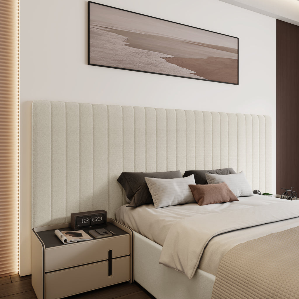 Inaya Cream Velvet Wide Panel Fabric Headboard Ottoman Storage Bed King Size