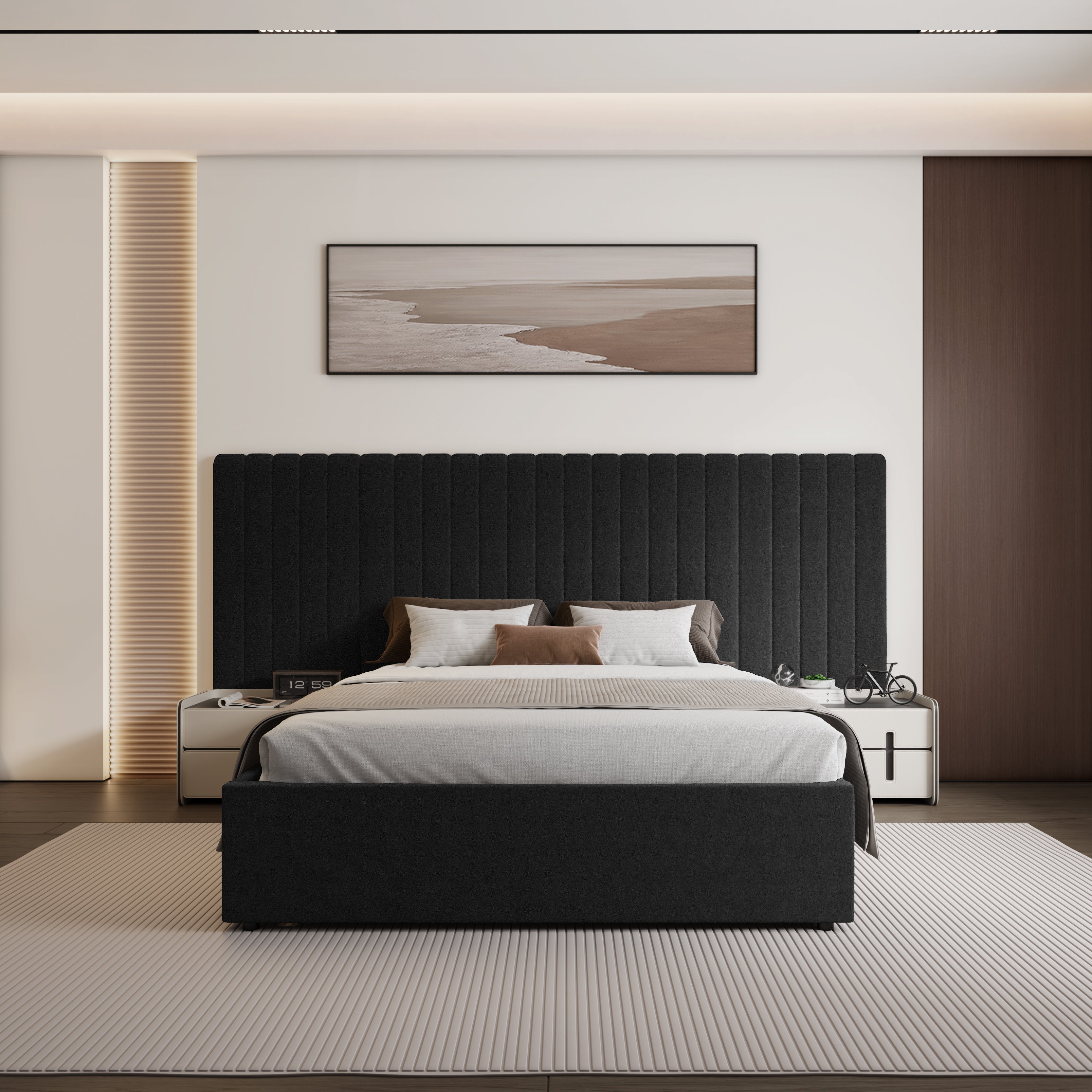 Inaya Black Velvet Wide Panel Fabric Headboard Ottoman Storage Bed King Size