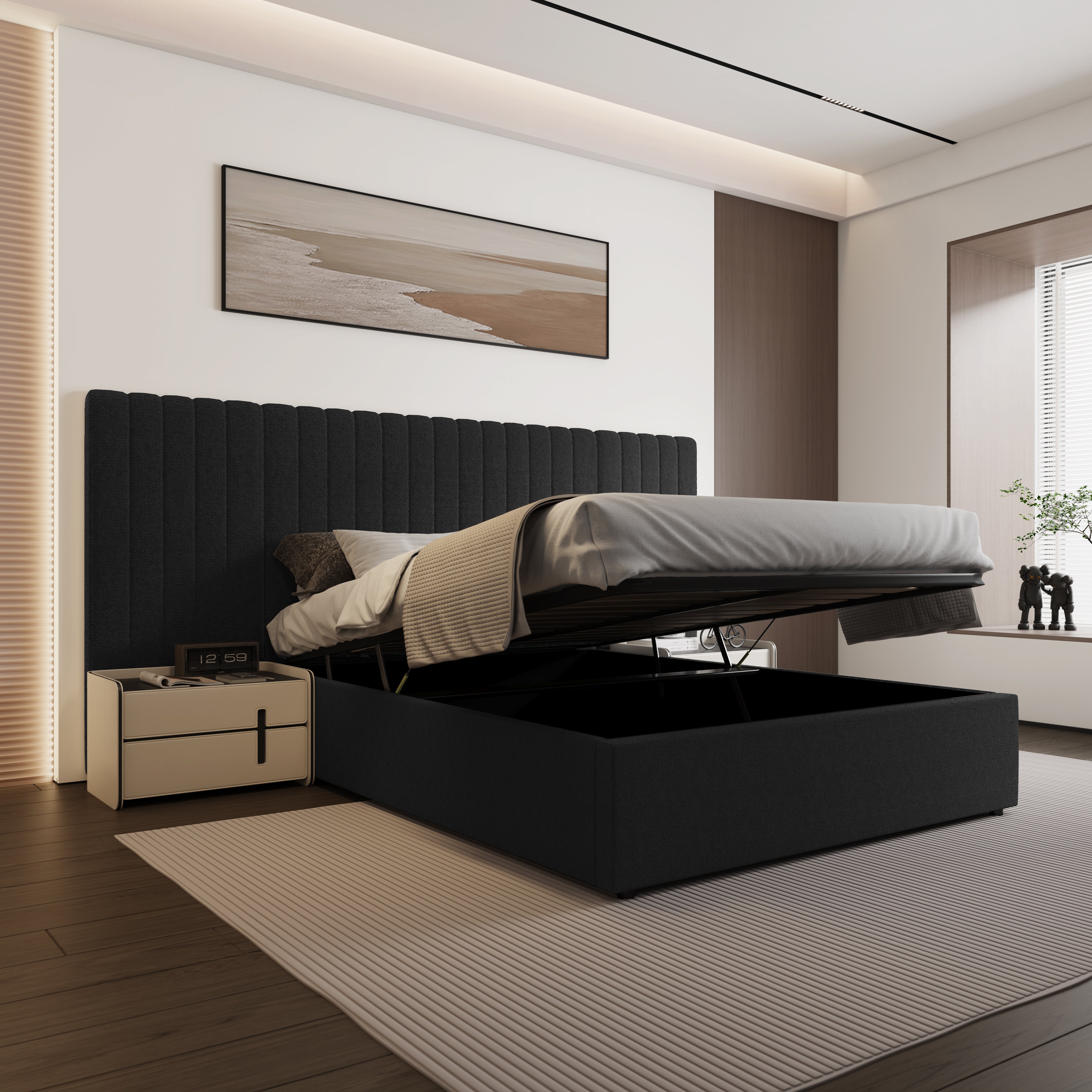 Inaya Black Velvet Wide Panel Fabric Headboard Ottoman Storage Bed King Size