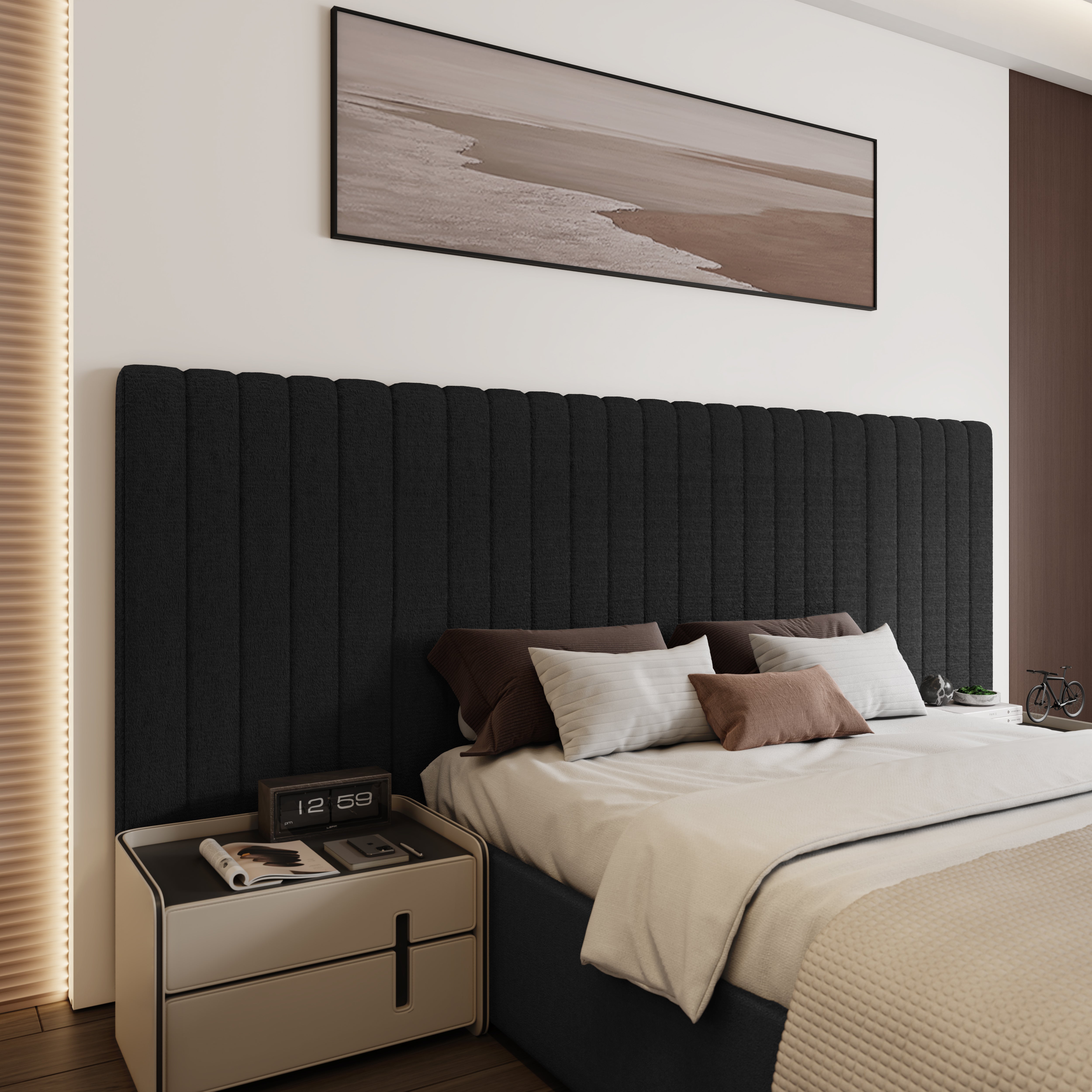 Inaya Black Velvet Wide Panel Fabric Headboard Ottoman Storage Bed King Size