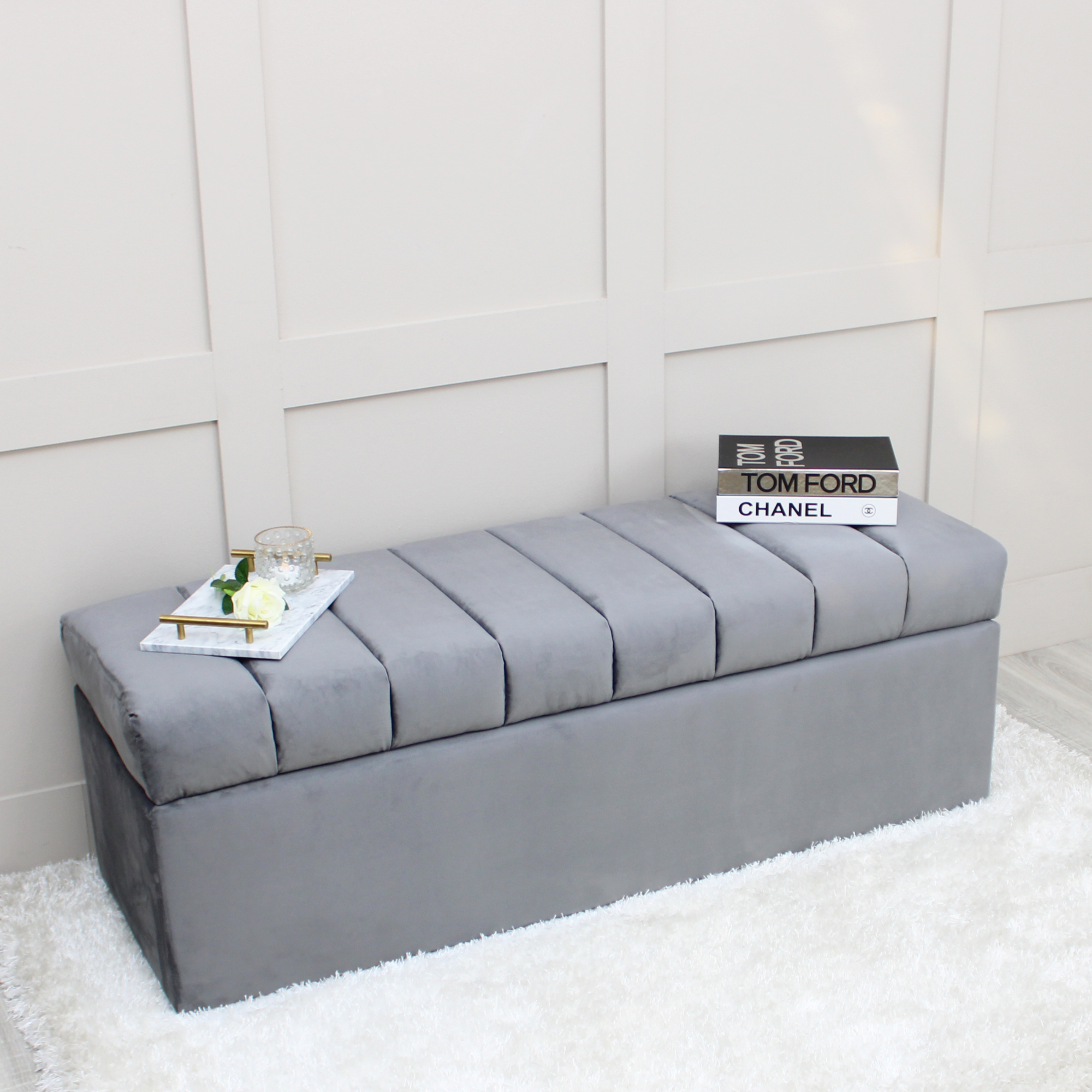 Leo Grey Velvet Ottoman Storage Bench