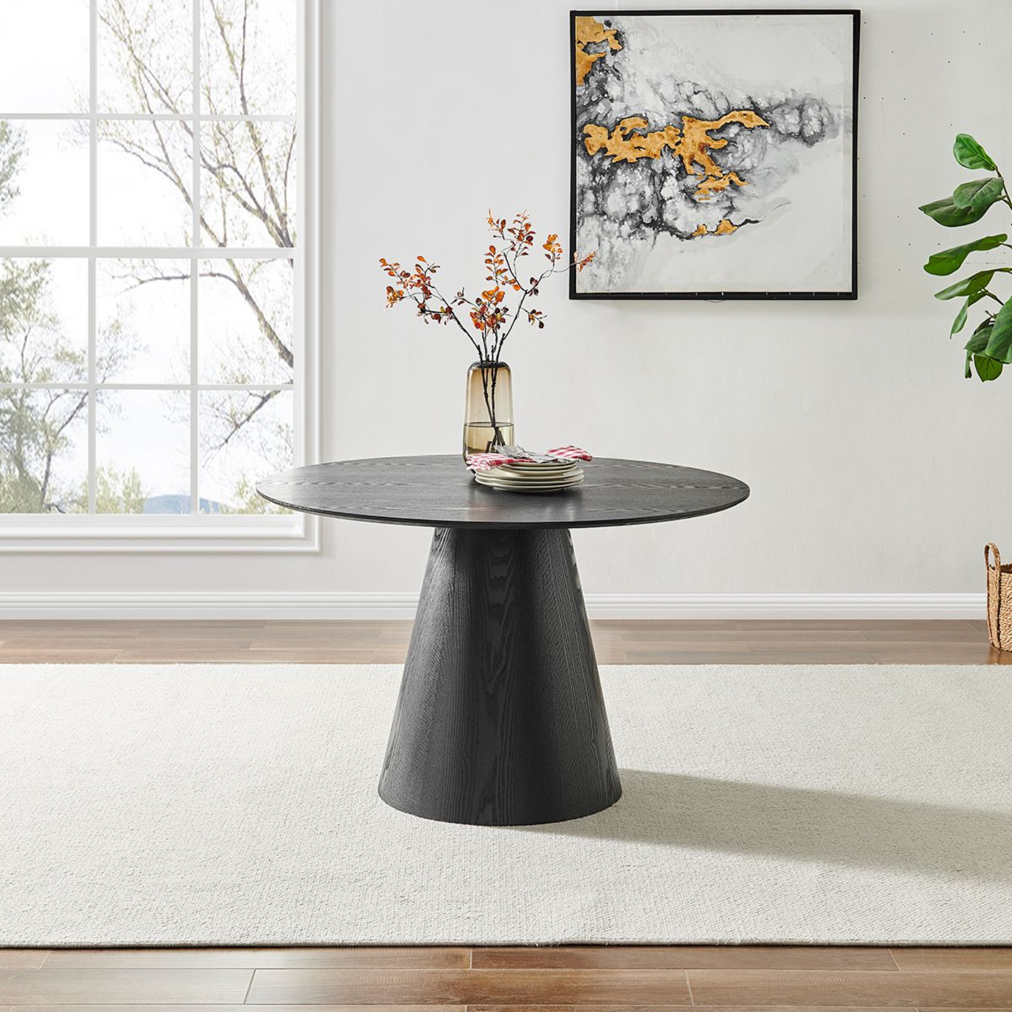 Casa Black Round Wooden Dining Table with Wooden Base