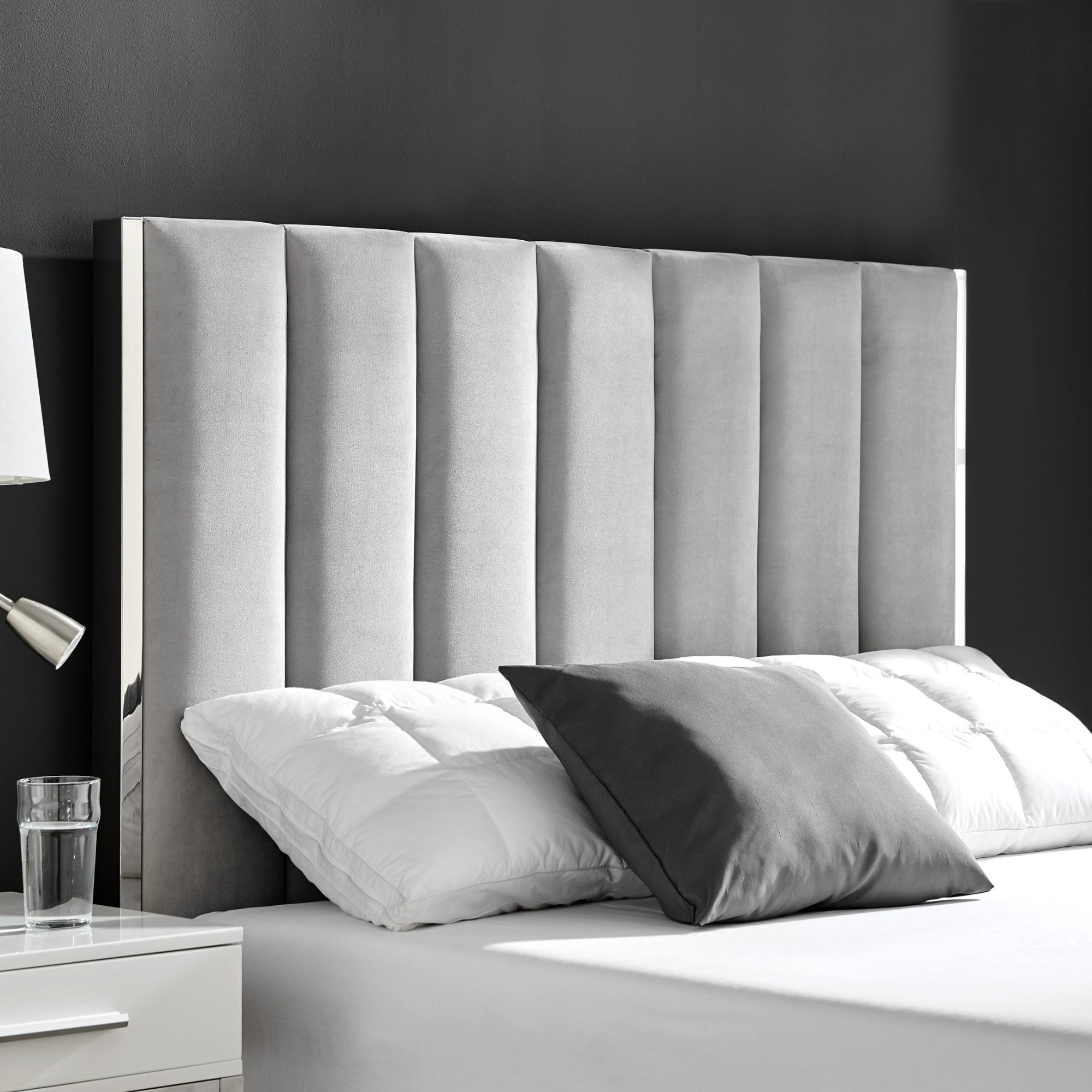 Chloe Light Grey Bed With Silver Trim And Ottoman Storage