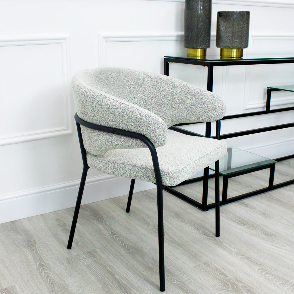 Capri Light Grey Boucle Dining Chair with Sleek Black Frame