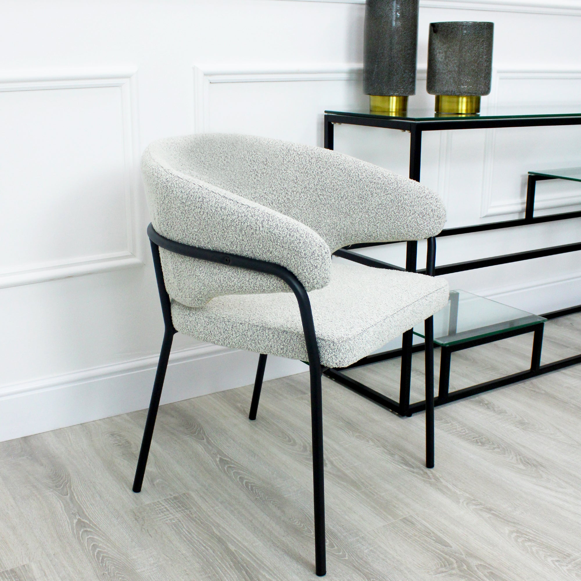 Capri Light Grey Boucle Dining Chair with Sleek Black Frame