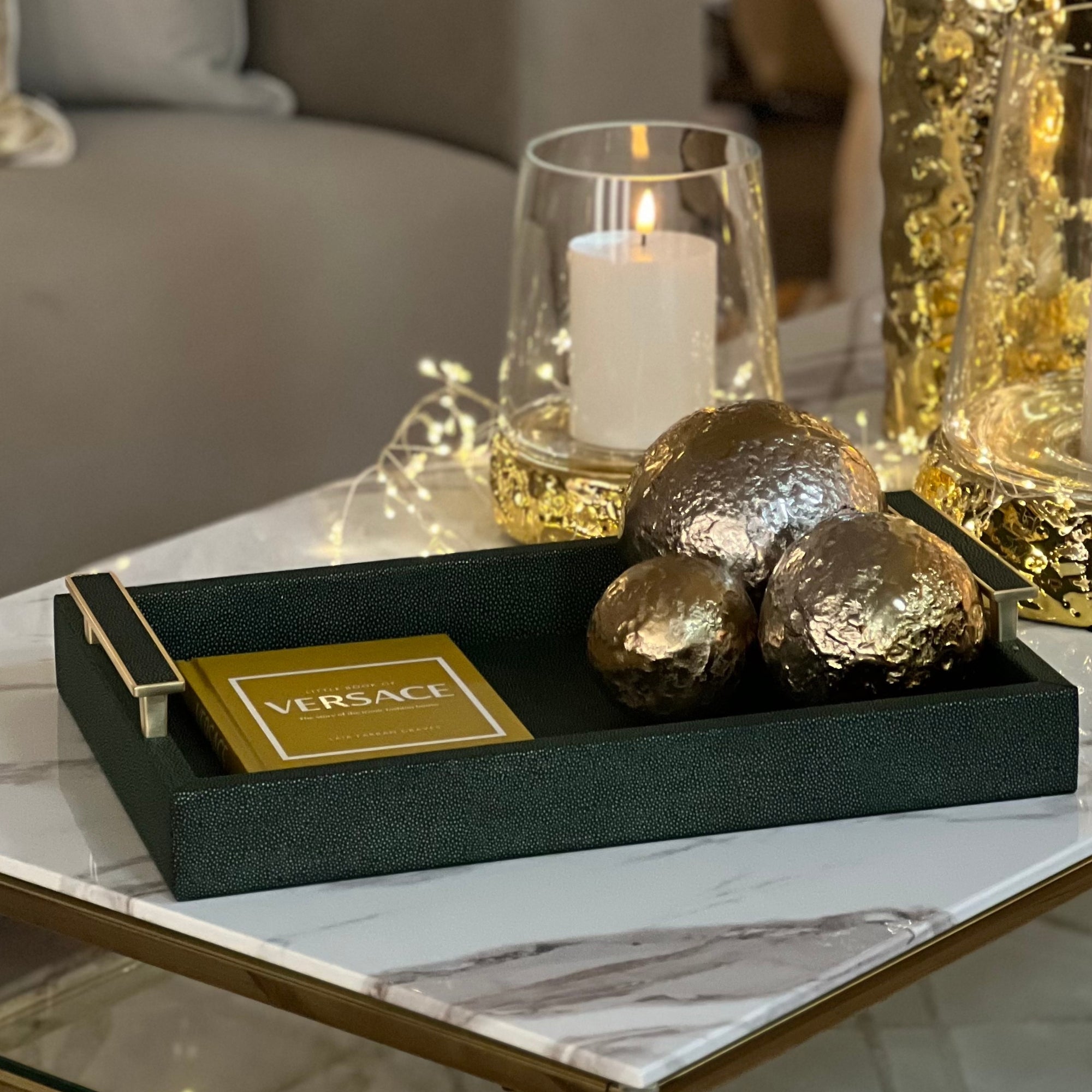 Black and Green Faux Leather Tray with Gold Handles