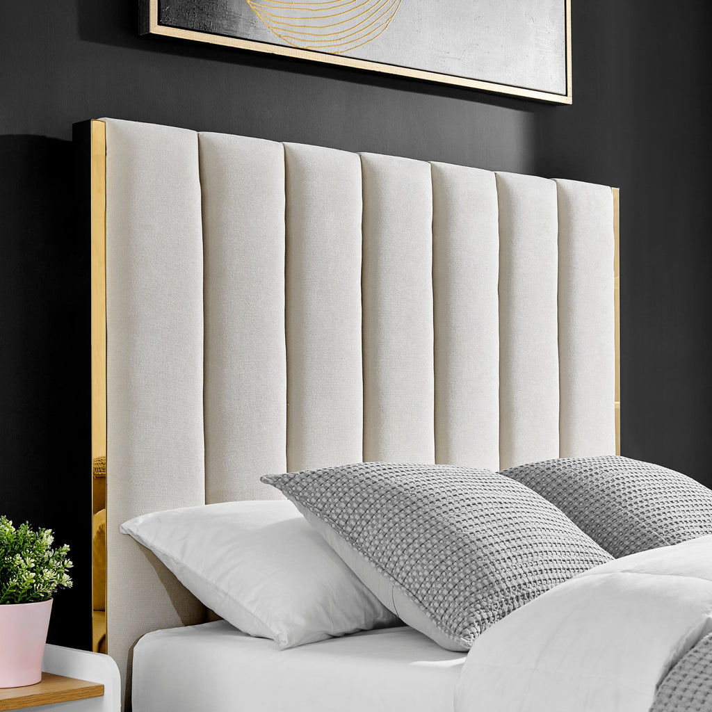 Chloe Beige Bed With Gold Metal Trim And Ottoman Storage