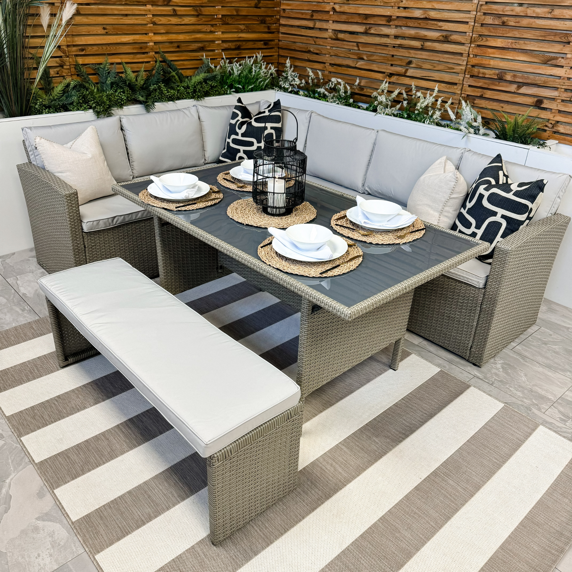Vegas 9 Seater Greige Garden Rattan Corner Dining Set & Bench