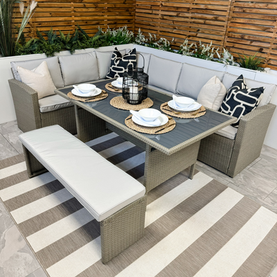Vegas 9 Seater Greige Garden Rattan Corner Dining Set & Bench