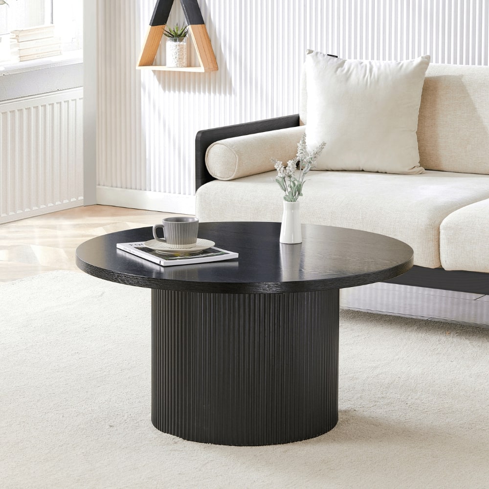 Luca Black Wood Coffee Tables With Ribbed Base Set of 2