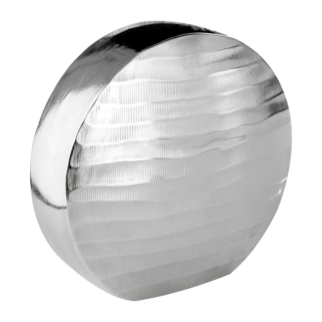 Round Metallic Silver Vase with Textured Exterior