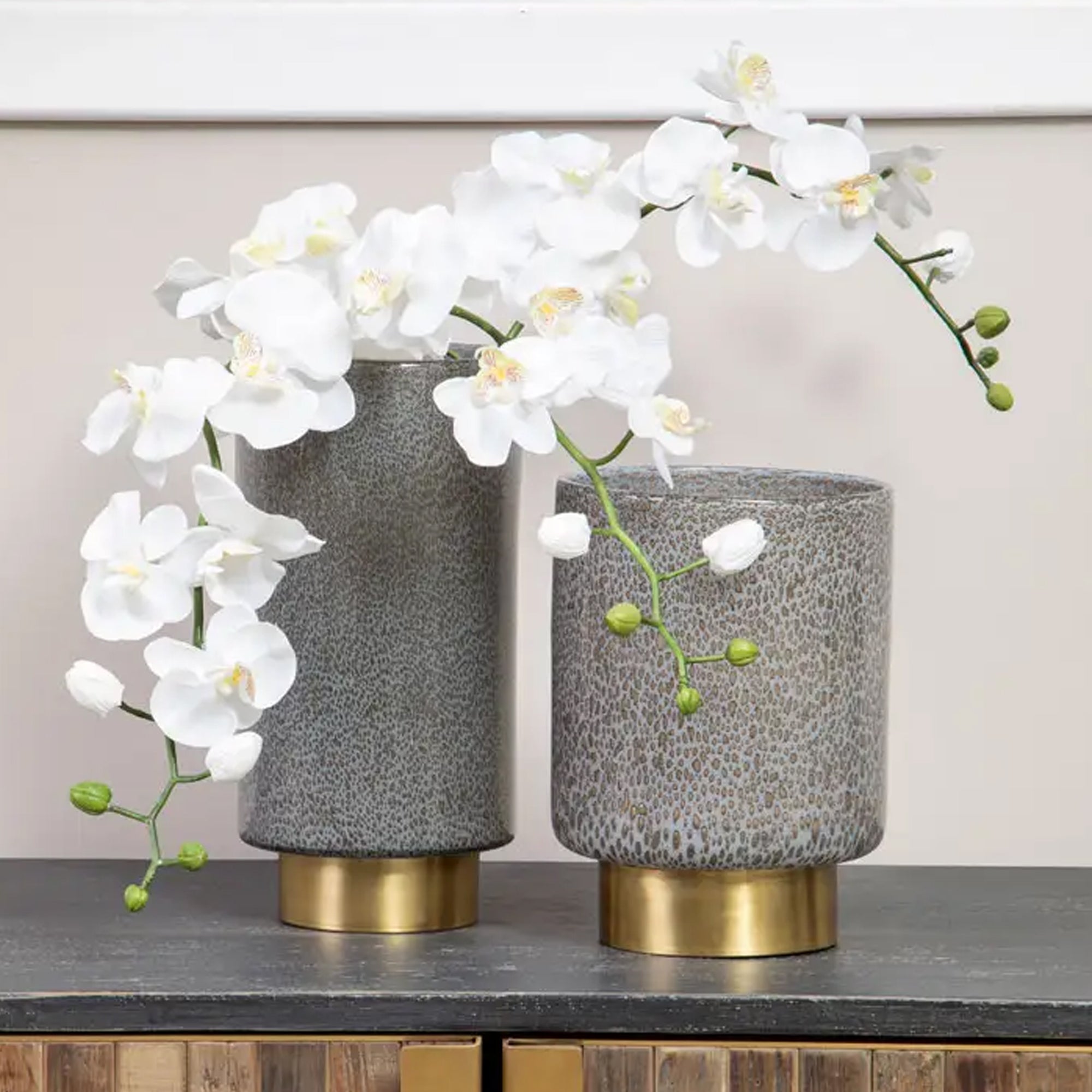 Large Grey glass vase with brass foot