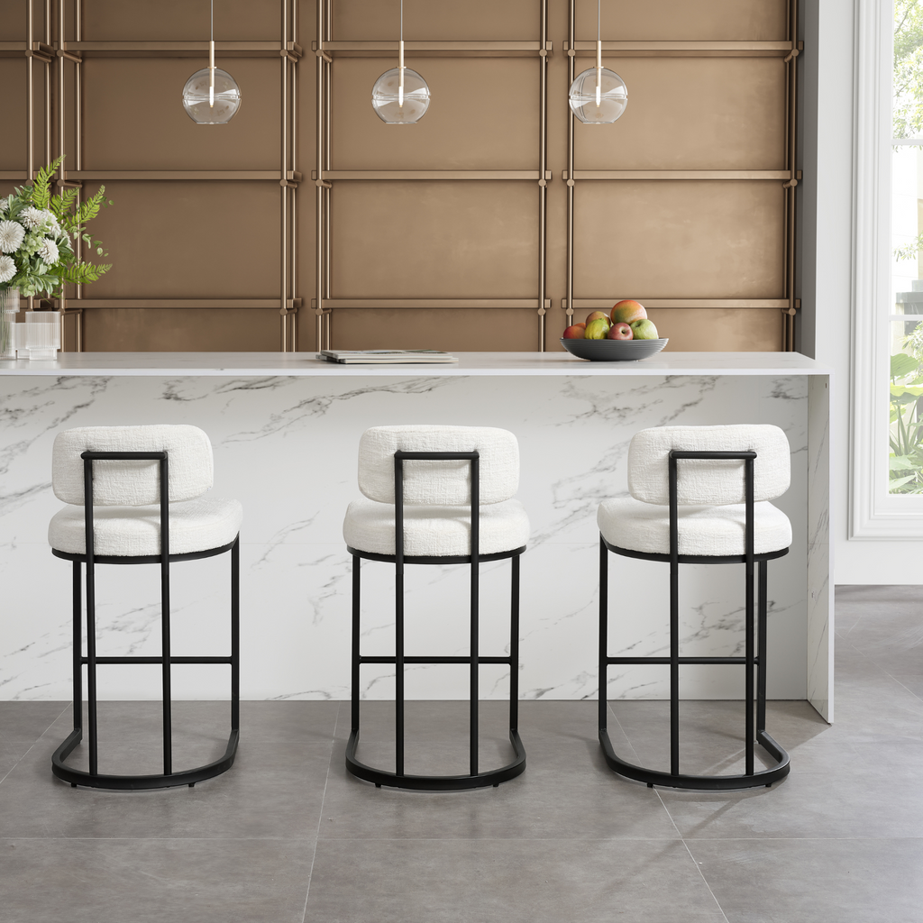 Rhea White Fabric Bar Stool With Black Frame