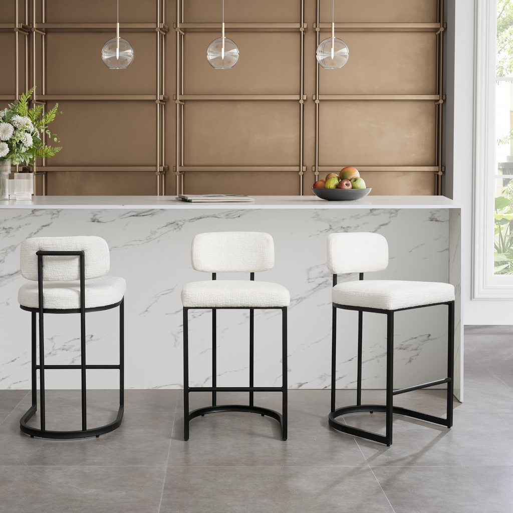 Rhea White Fabric Bar Stool With Black Frame