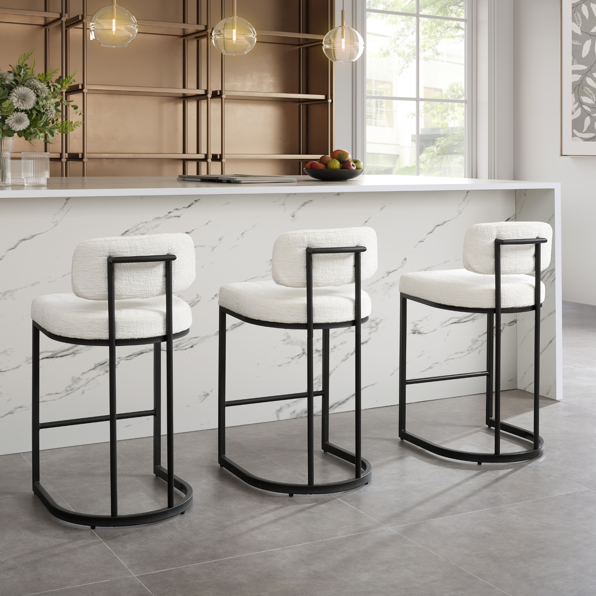 Rhea White Fabric Bar Stool With Black Frame