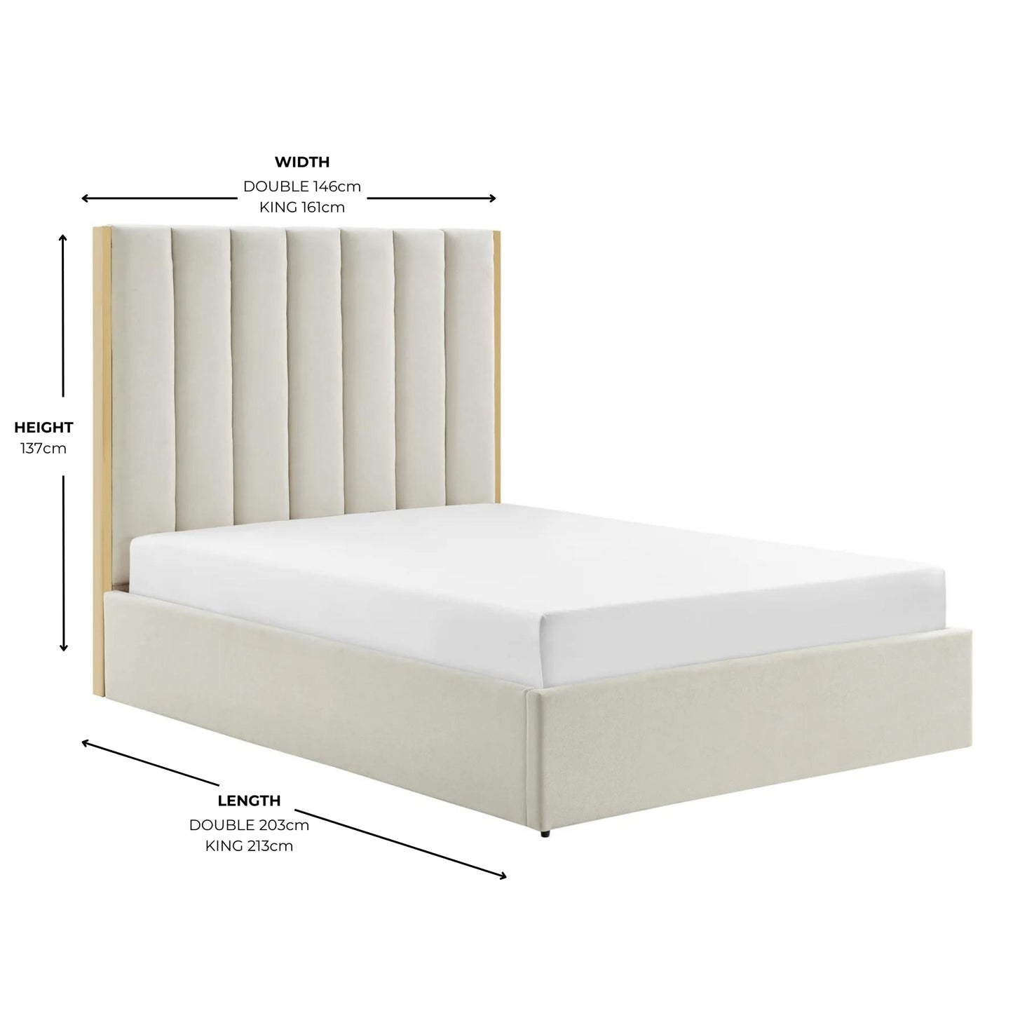 Chloe Beige Bed With Gold Metal Trim And Ottoman Storage