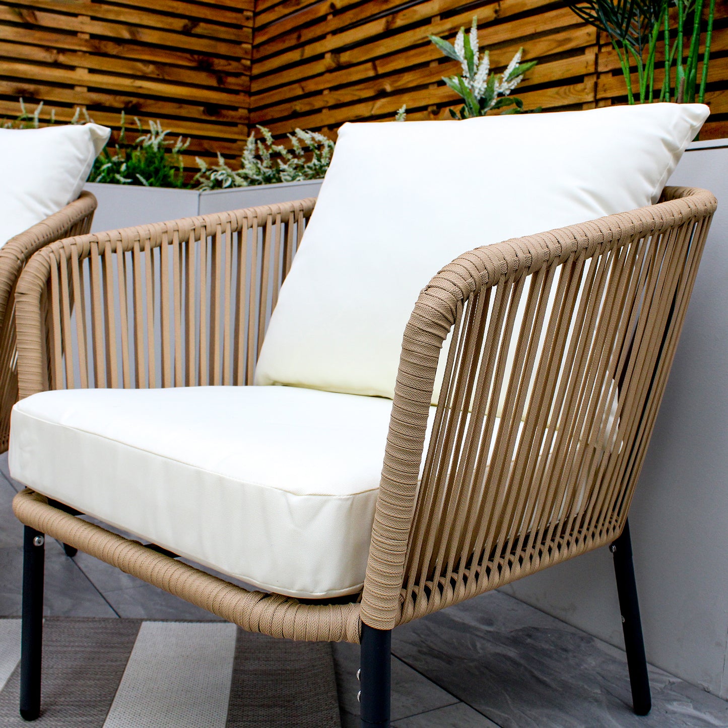 Beige 5 Seater Weave Rope Aluminium Sofa Set with Cream Cushions
