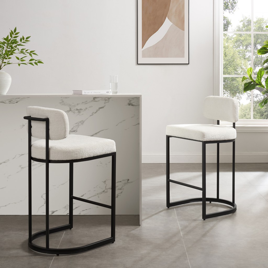Rhea White Fabric Bar Stool With Black Frame