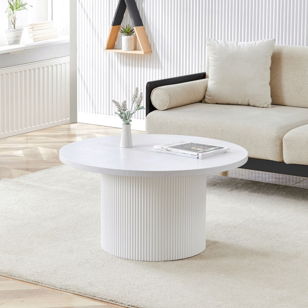 Luca White Wood Coffee Tables With Ribbed Base Set of 2