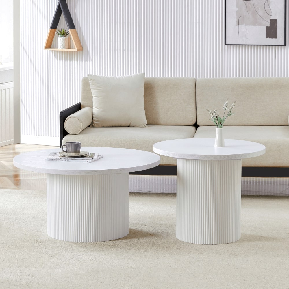 Luca White Wood Coffee Tables With Ribbed Base Set of 2
