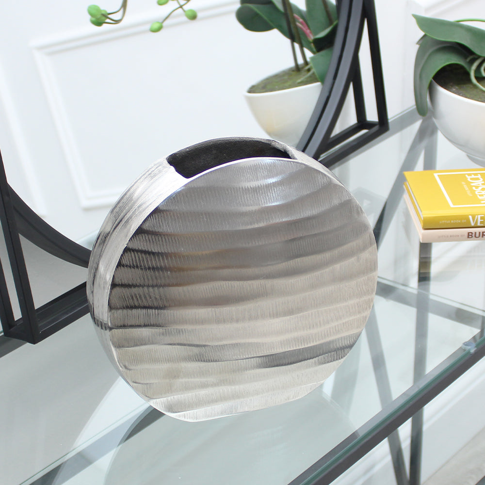 Round Metallic Silver Vase with Textured Exterior