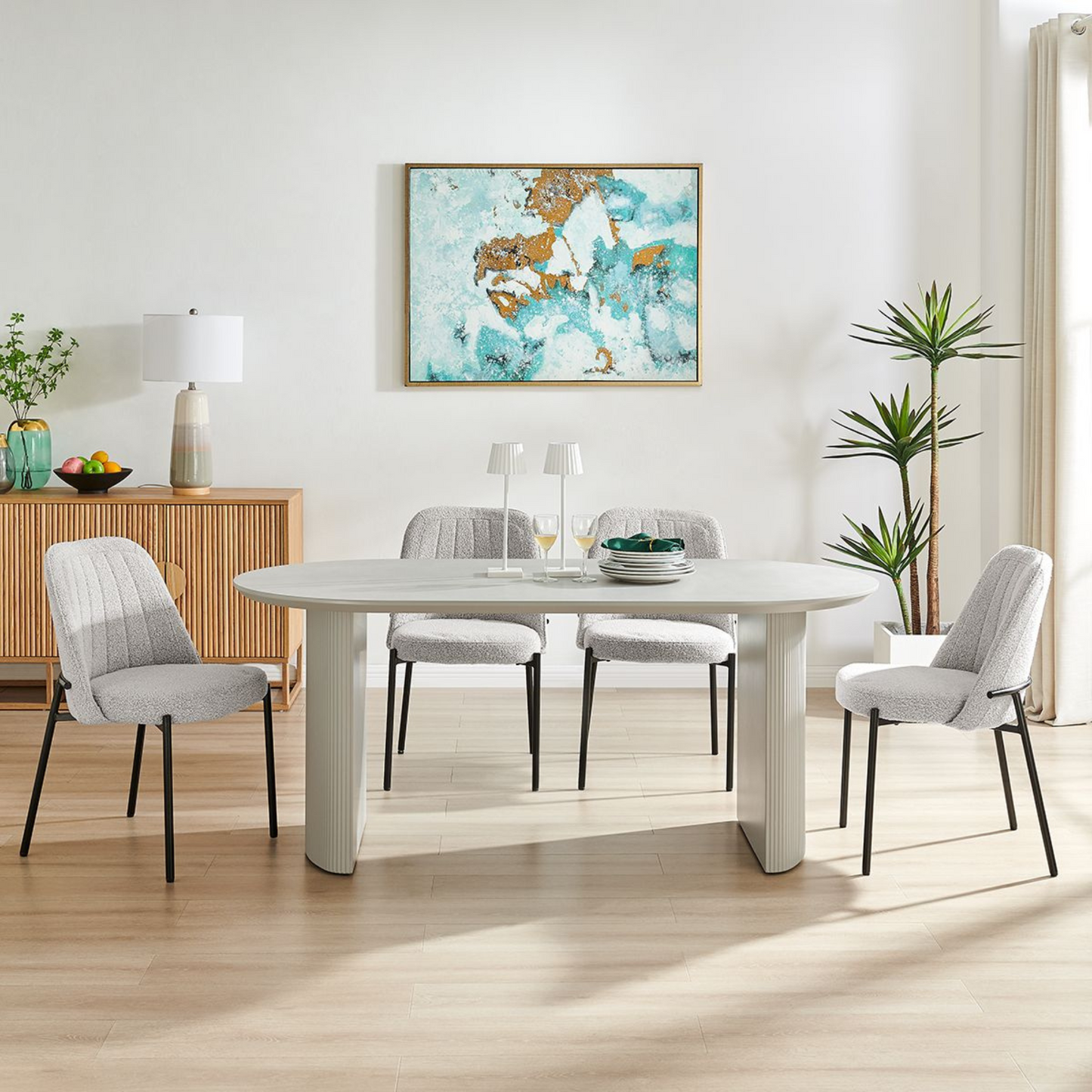 Light Grey Wooden Dining Table with Wooden Base