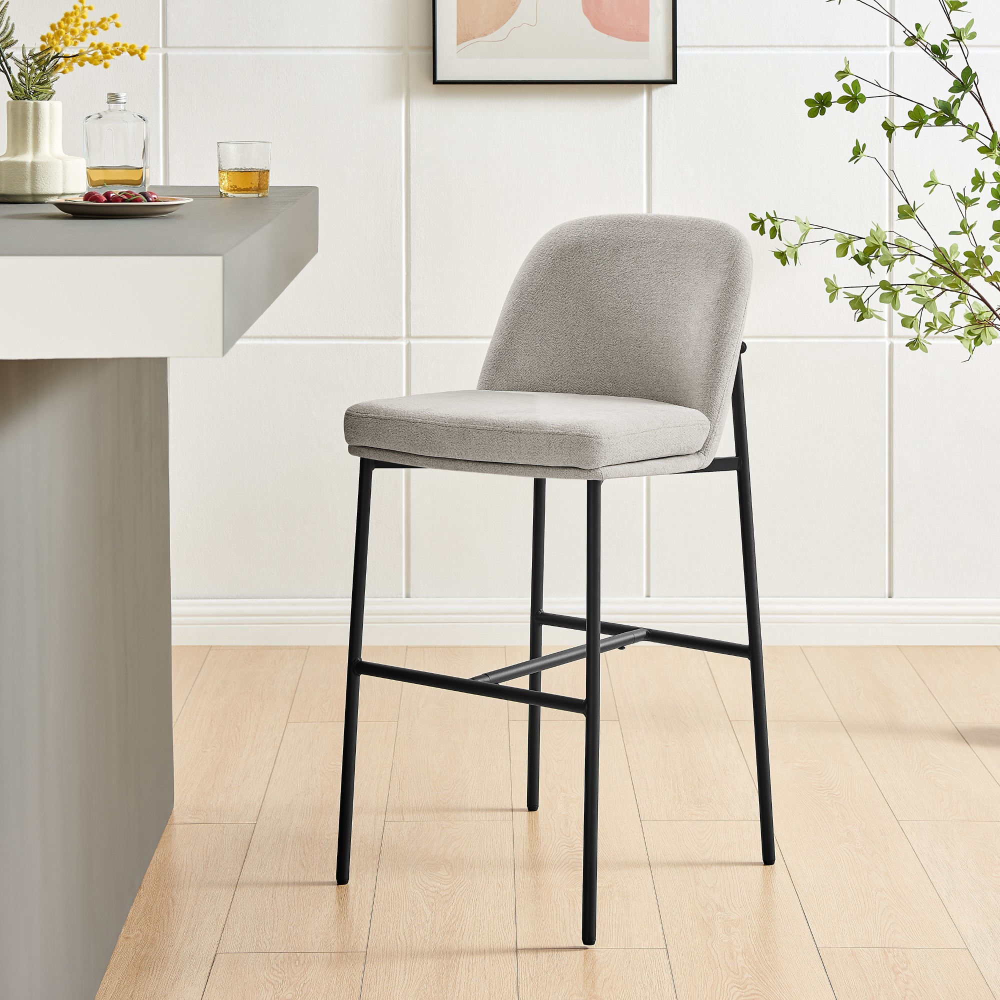 Nora Curved Light Grey Fabric and Black Frame Barstool