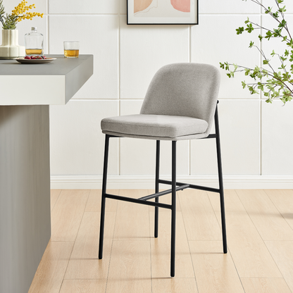 Curved Light Grey Stone Fabric and Black Frame Barstool