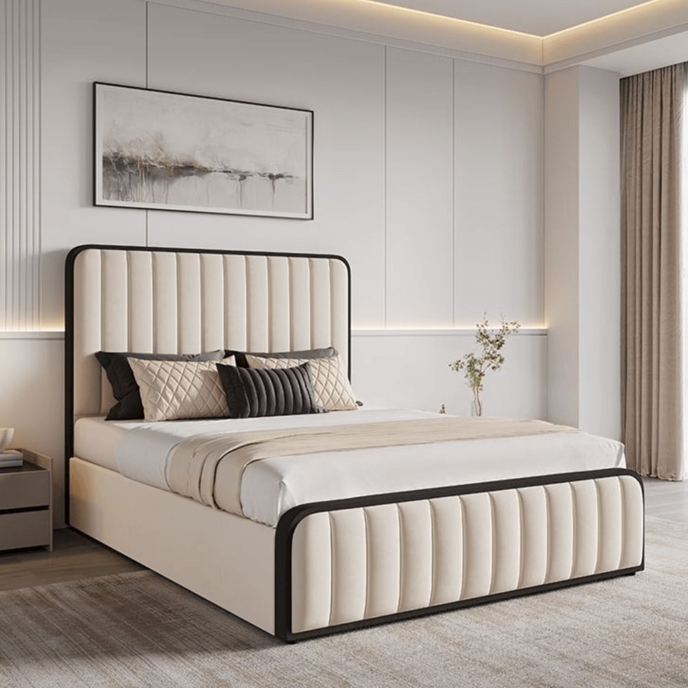 Olivia Cream Velvet Ottoman Storage Bed With Black Fabric Edges