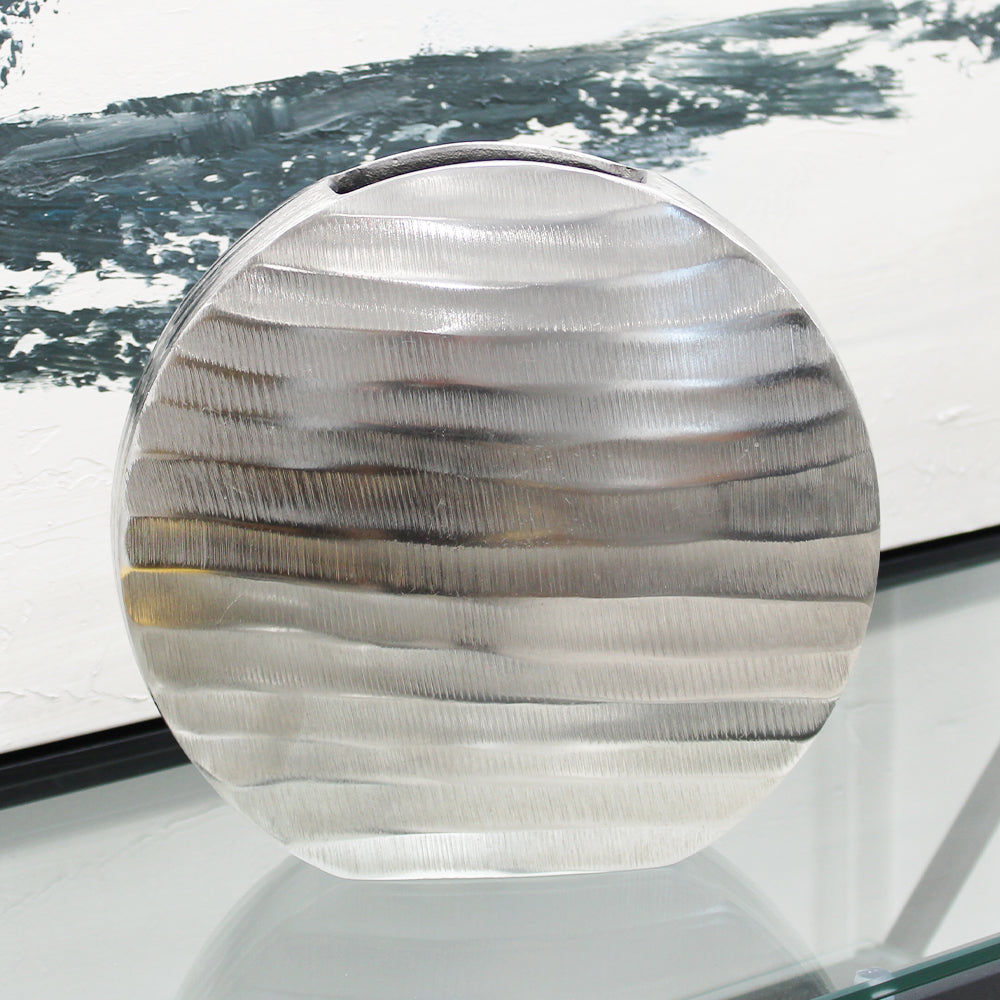 Round Metallic Silver Vase with Textured Exterior