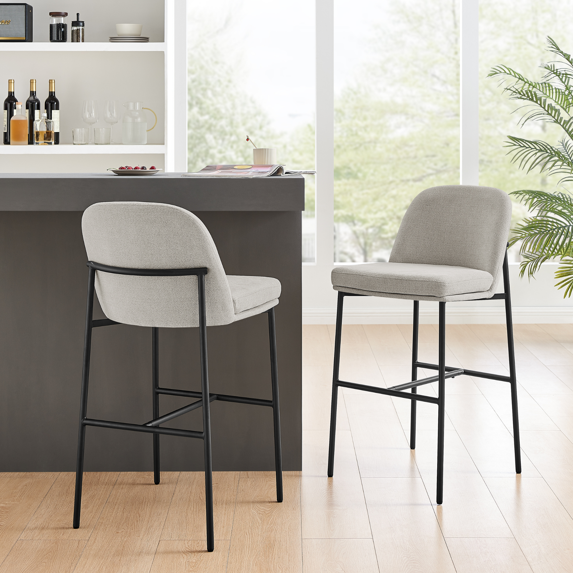 Nora Curved Light Grey Fabric and Black Frame Barstool