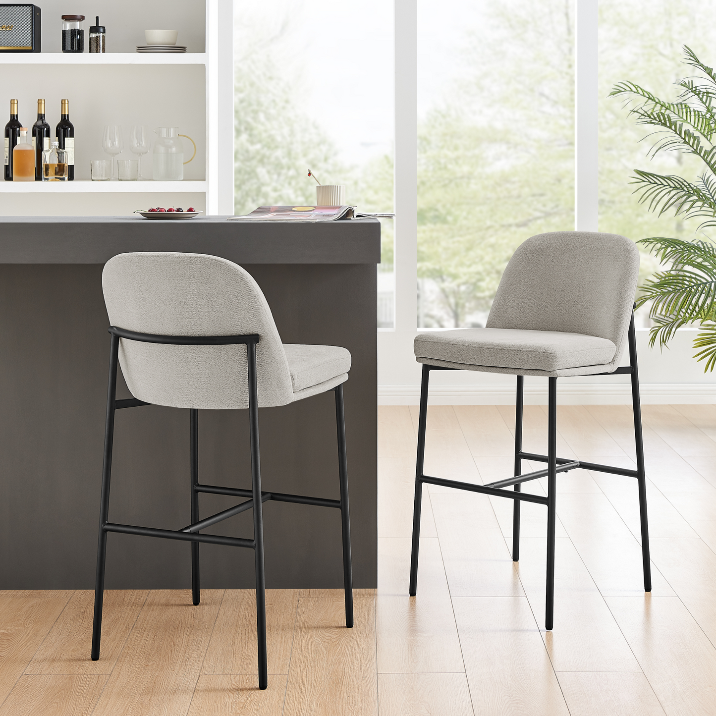 Curved Light Grey Stone Fabric and Black Frame Barstool