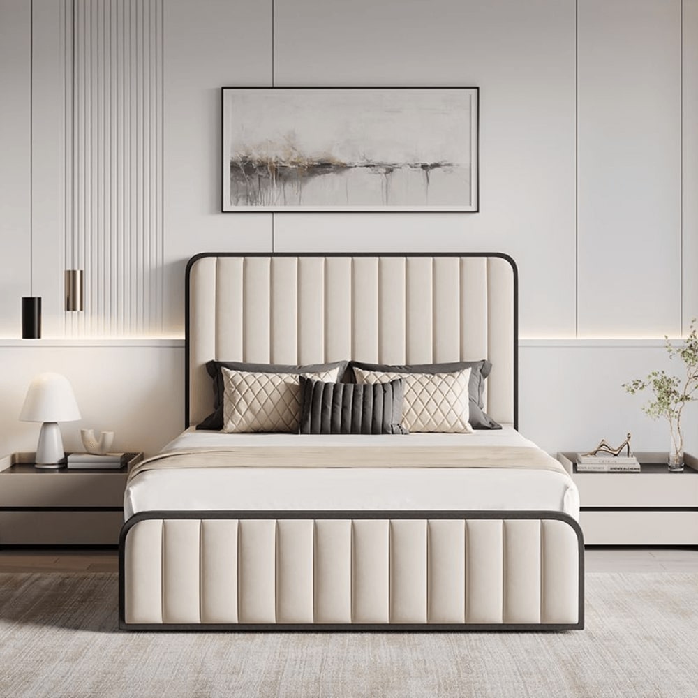 Olivia Cream Velvet Ottoman Storage Bed With Black Fabric Edges