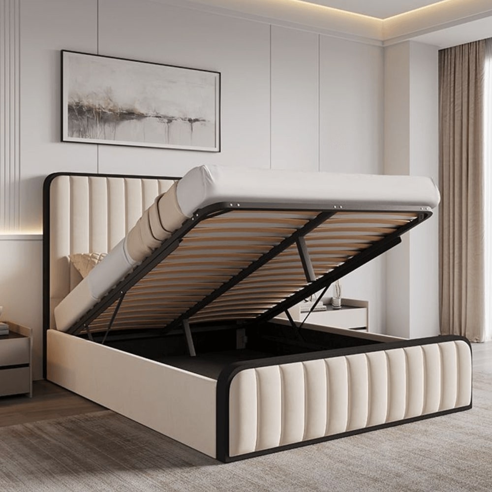Olivia Cream Velvet Ottoman Storage Bed With Black Fabric Edges