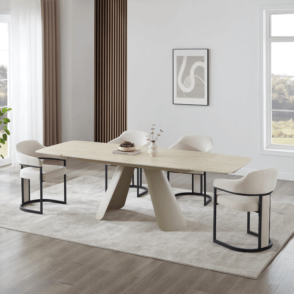 Petra Cream Travertine Ceramic Dining Set With 4 Camilla Chairs