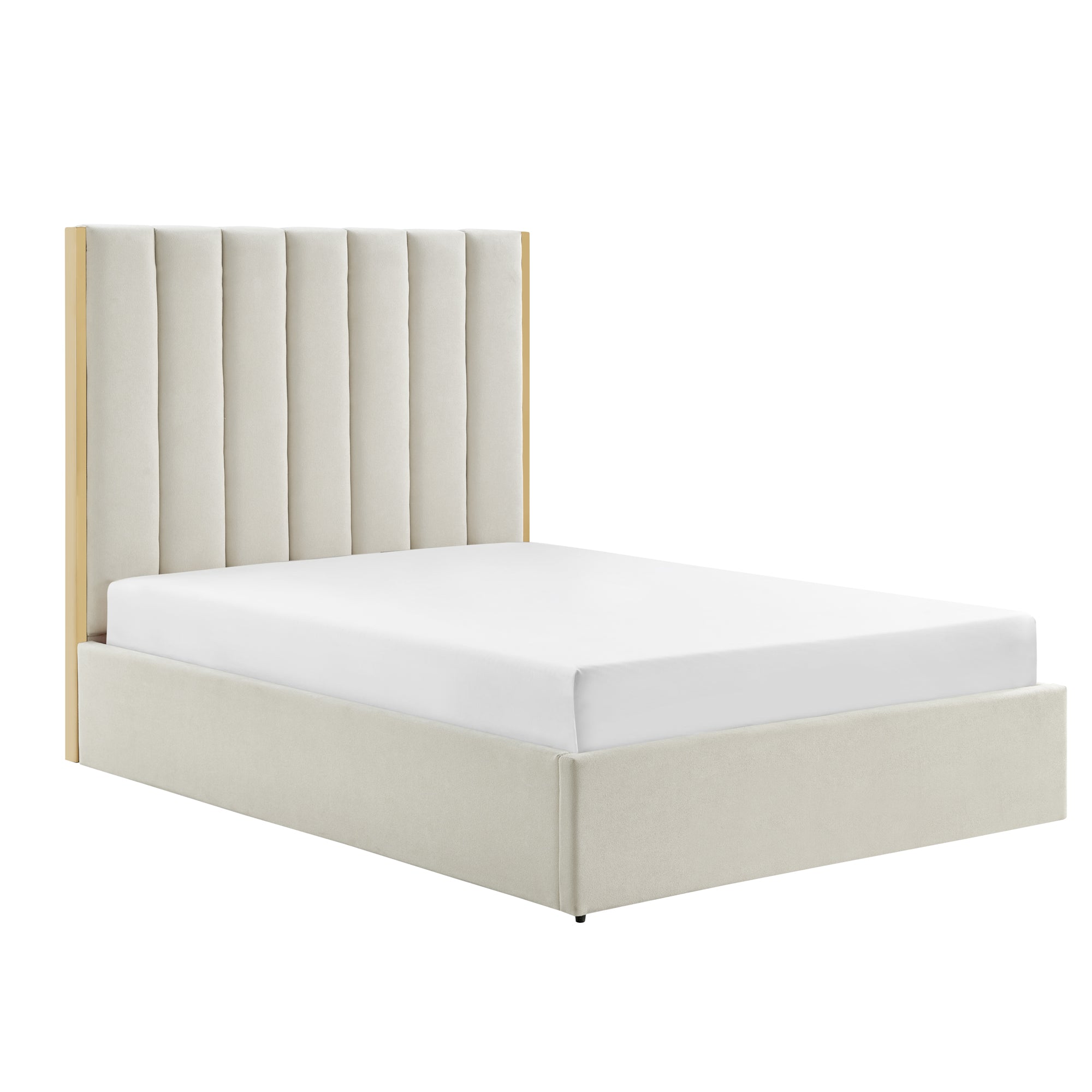 Chloe Beige Bed With Gold Metal Trim And Ottoman Storage