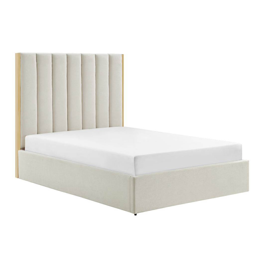 Chloe Beige Bed With Gold Metal Trim And Ottoman Storage