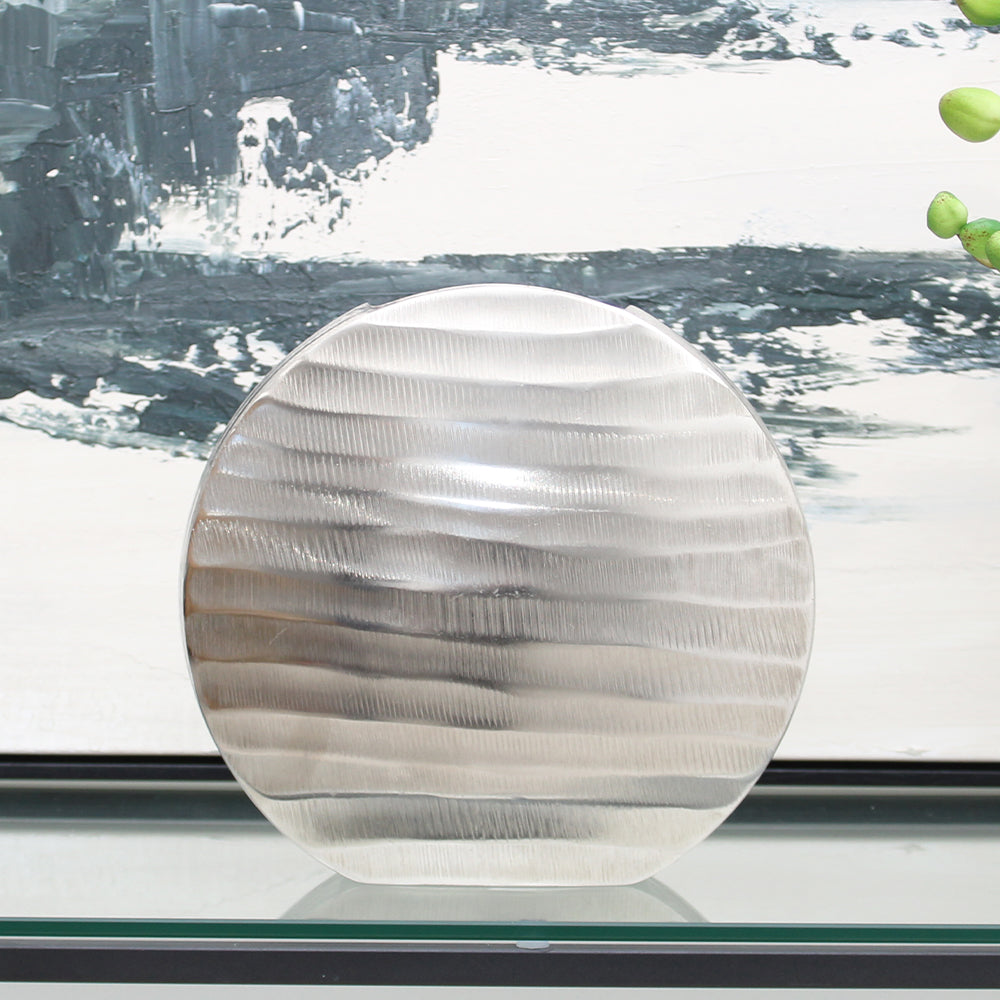 Round Metallic Silver Vase with Textured Exterior