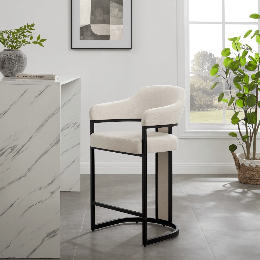 Camilla Curved Cream Chenille Barstool With Black Metal Frame