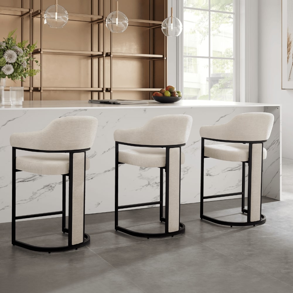 Camilla Curved Cream Chenille Barstool With Black Metal Frame