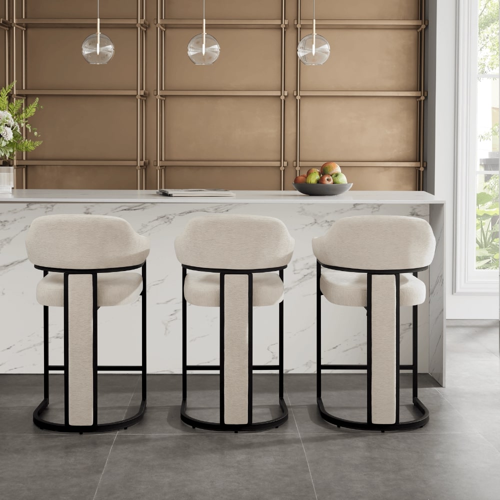 Camilla Curved Cream Chenille Barstool With Black Metal Frame