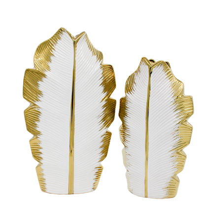 Tall White and Gold Leaf Vase