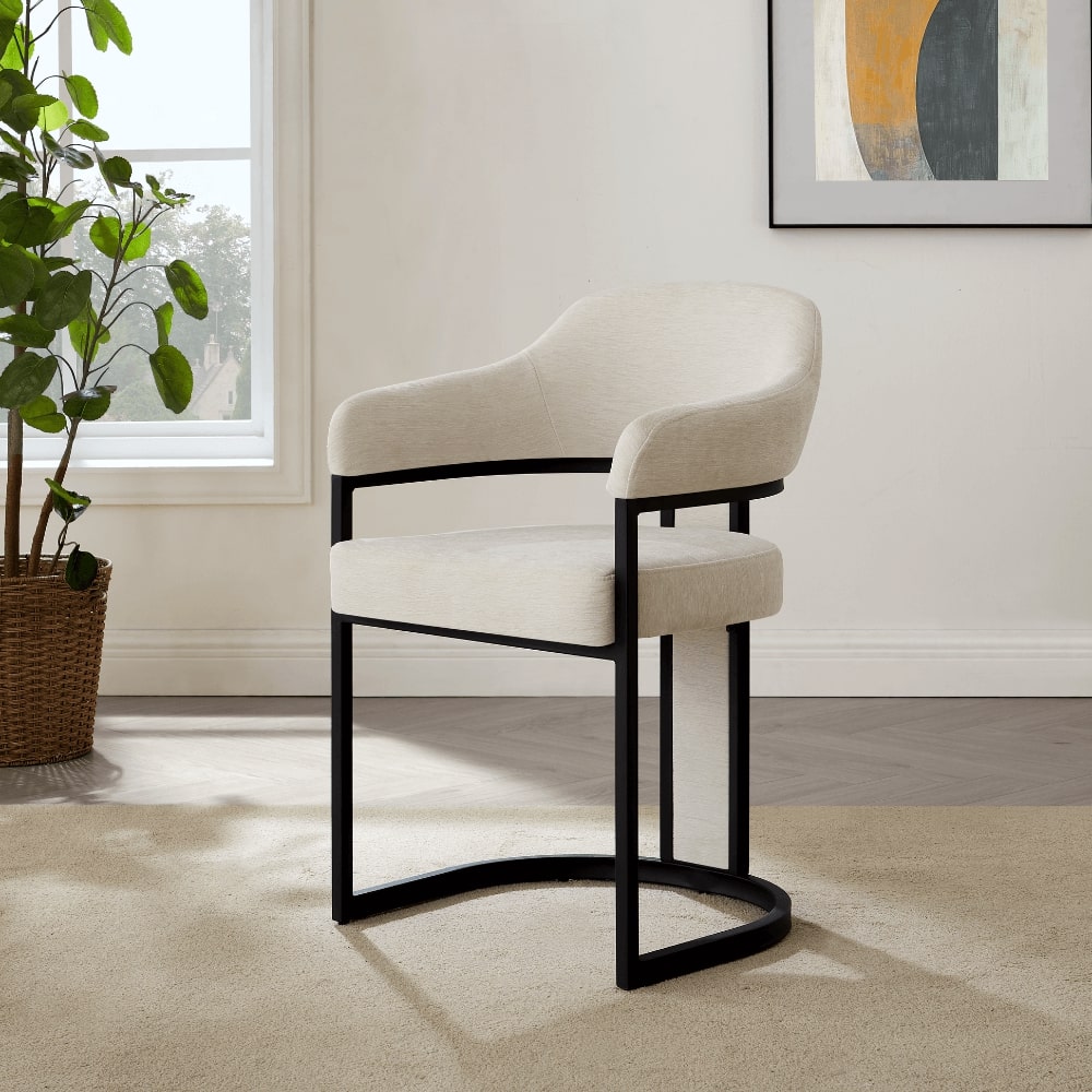 Camilla Curved Cream Chenille Dining Chair With Black Frame